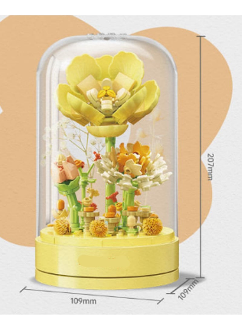 Yellow Artificial Flower Rotating Music Box Model Set Building Blocks Creative Diy Simulation Collection Building Assembly Toys Children Adult Home Decoration - Image 2